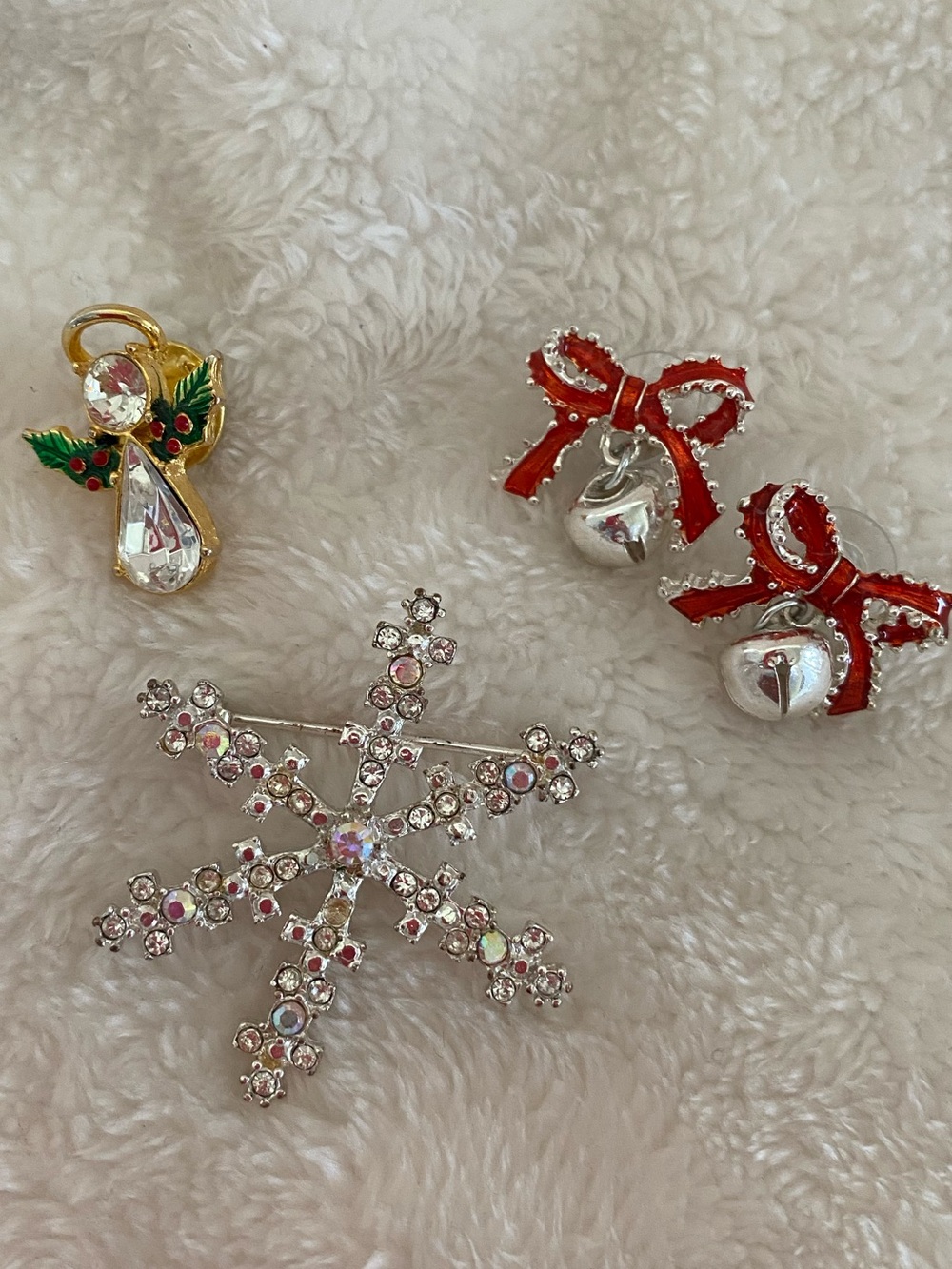 Festive Red Bow and Silver Bell Earrings and 2 Holiday Pins